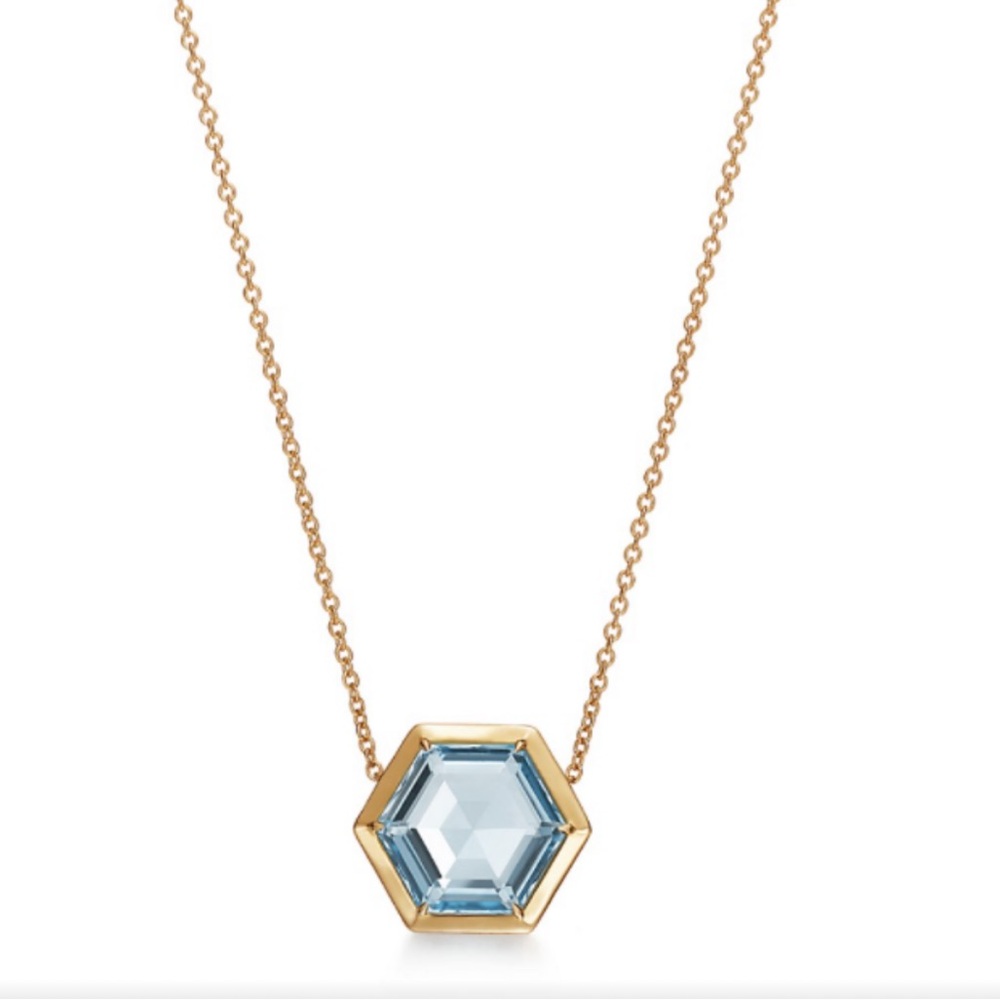 Tiffany & Co. Blue Topaz Jewel Box Necklace by Paloma Picasso-18k YG 16-18 chain